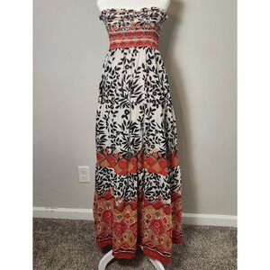 Frin & Flint Strapless Maxi Dress Women's Medium Black Red White Boho Smocked‎